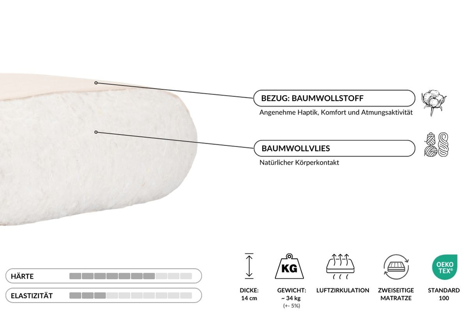 Matratze Futon 160x200 - Pascall Slim Natural Ecru