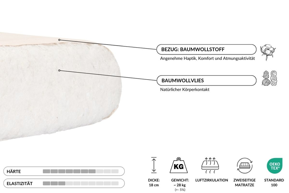 Matratze Futon 120x200 - Pascall Medium Natural Grau