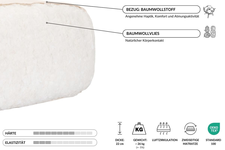 Matratze Futon 90x200 - Pascall Comfort Natural Grau
