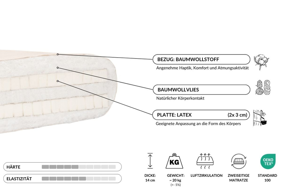 Matratze Futon 90x200 mit Latex - Pascall Slim Duo Latex Ecru