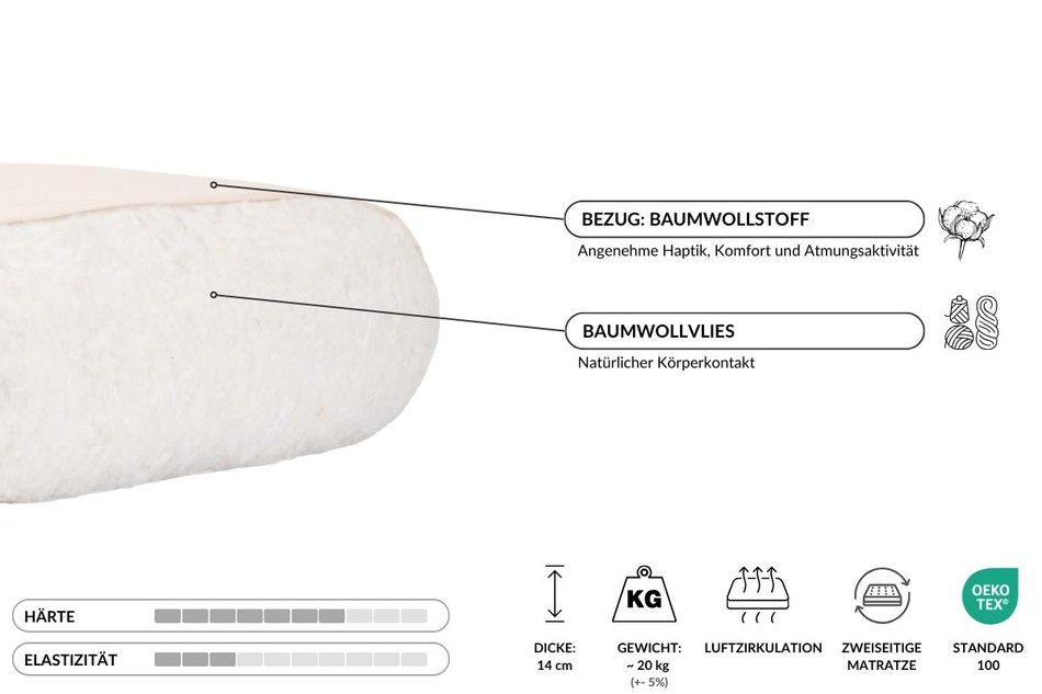 Matratze Futon 90x200 - Pascall Slim Natural Ecru