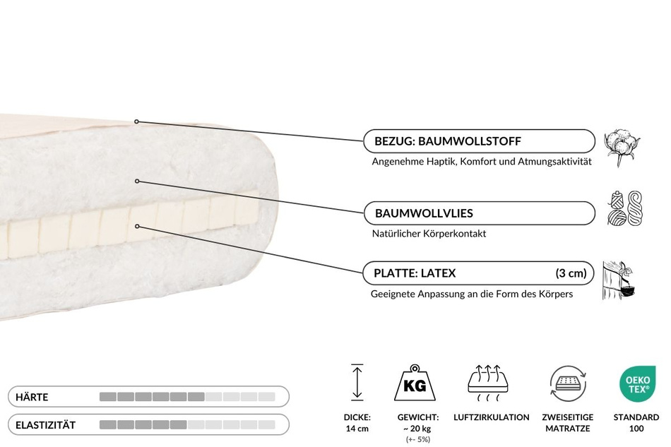 Matratze Futon 90x200 mit Latex - Pascall Slim Latex Ecru